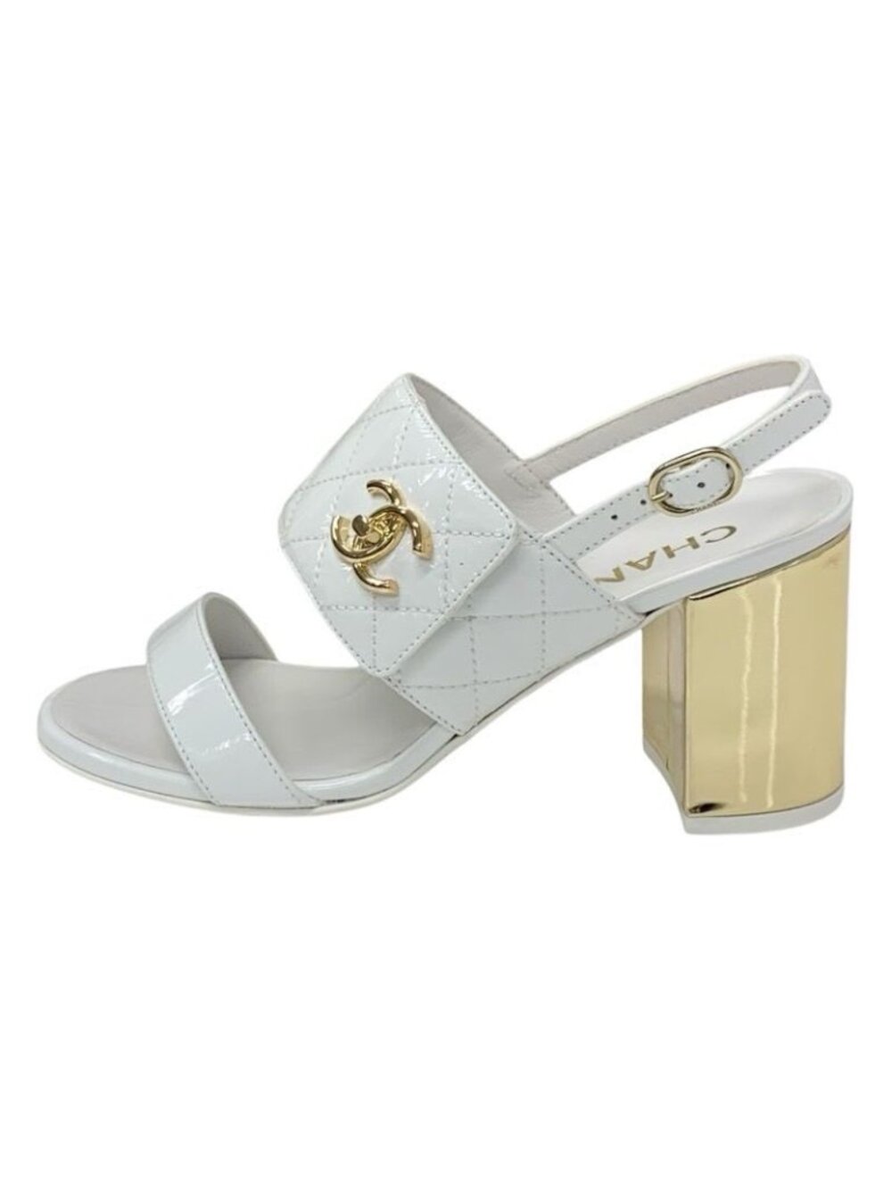 Chanel Sandals Shoes Patent White Gold Quilted Coco Mark Turnlock Strap - Picture 3 of 9